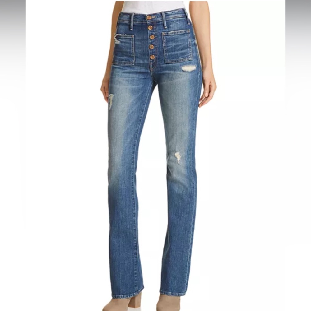 MOTHER The Hustler Patch Pocket Bootcut Jean in Natural Born Hustler Distressed